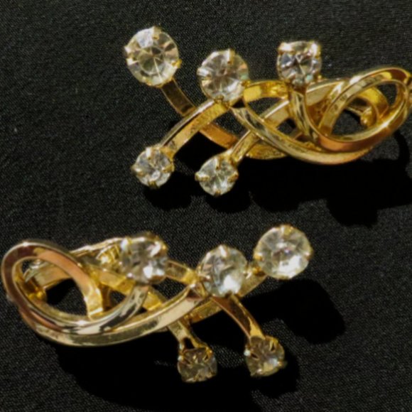 Vtg EMMONS Signed Rhinestone Clip Earrings Gold - Picture 2 of 13